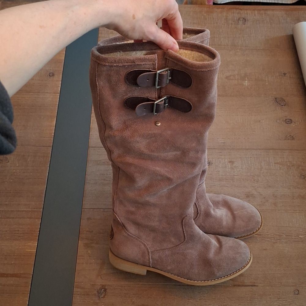 Emu Australia Suede & Shearling/Sheepskin Tan Slouchy Buckle Boots (AU 8/US 8) - Picture 3 of 12